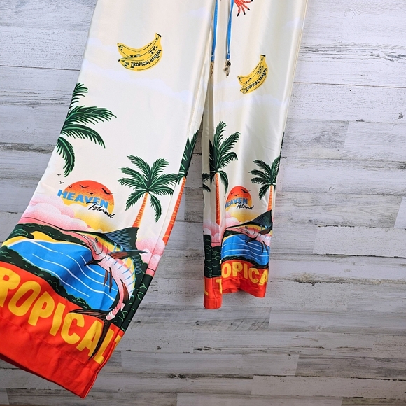 Joie Tropical Satin Wide Leg Pants S Sea Inspired Statement Maximalism Beachy - Picture 13 of 16